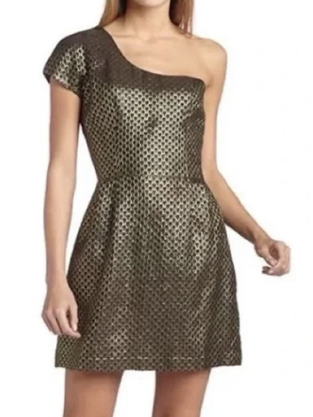 French Connection One Shoulder Black Gold Metallic Jacquard Mini Dress Sz 2 Y2K